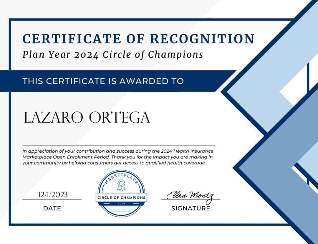 Certificado de reconocimiento de Ortega Insurance